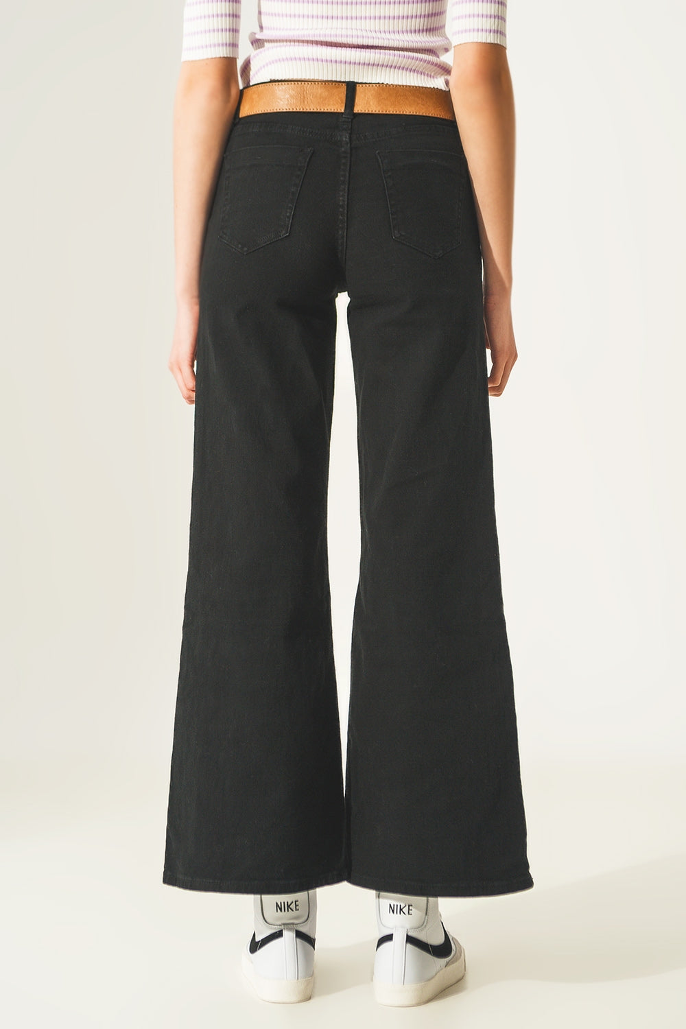 Cotton blend wide leg jeans in black