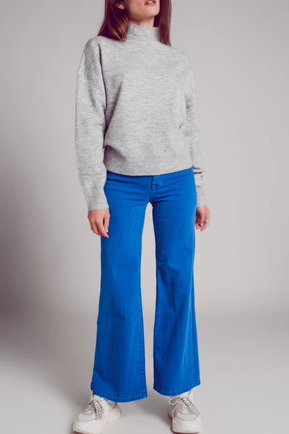 Cotton blend wide leg jeans in blue