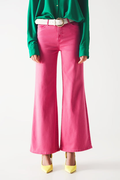 Cotton blend wide leg jeans in pink