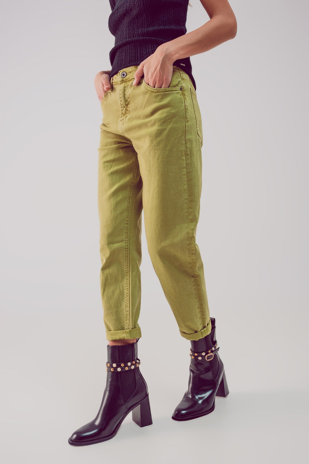 Cotton mid rise slouchy jean in acid lime