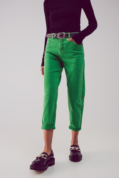 Q2 Cotton mid rise slouchy jean in green