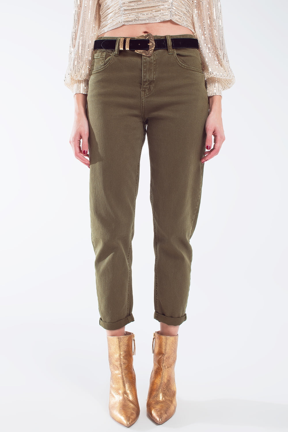 Q2 Cotton mid rise slouchy jean in khaki sepia