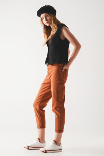 Cotton mid rise slouchy jean in rust