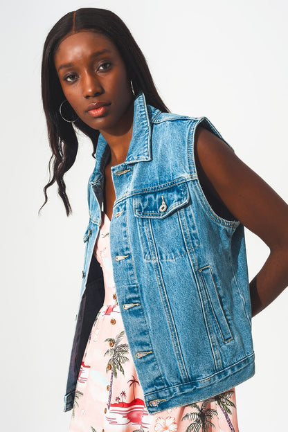 Q2 cotton sleeveless denim jacket in 70s blue