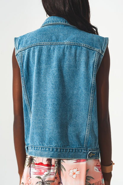 cotton sleeveless denim jacket in 70s blue