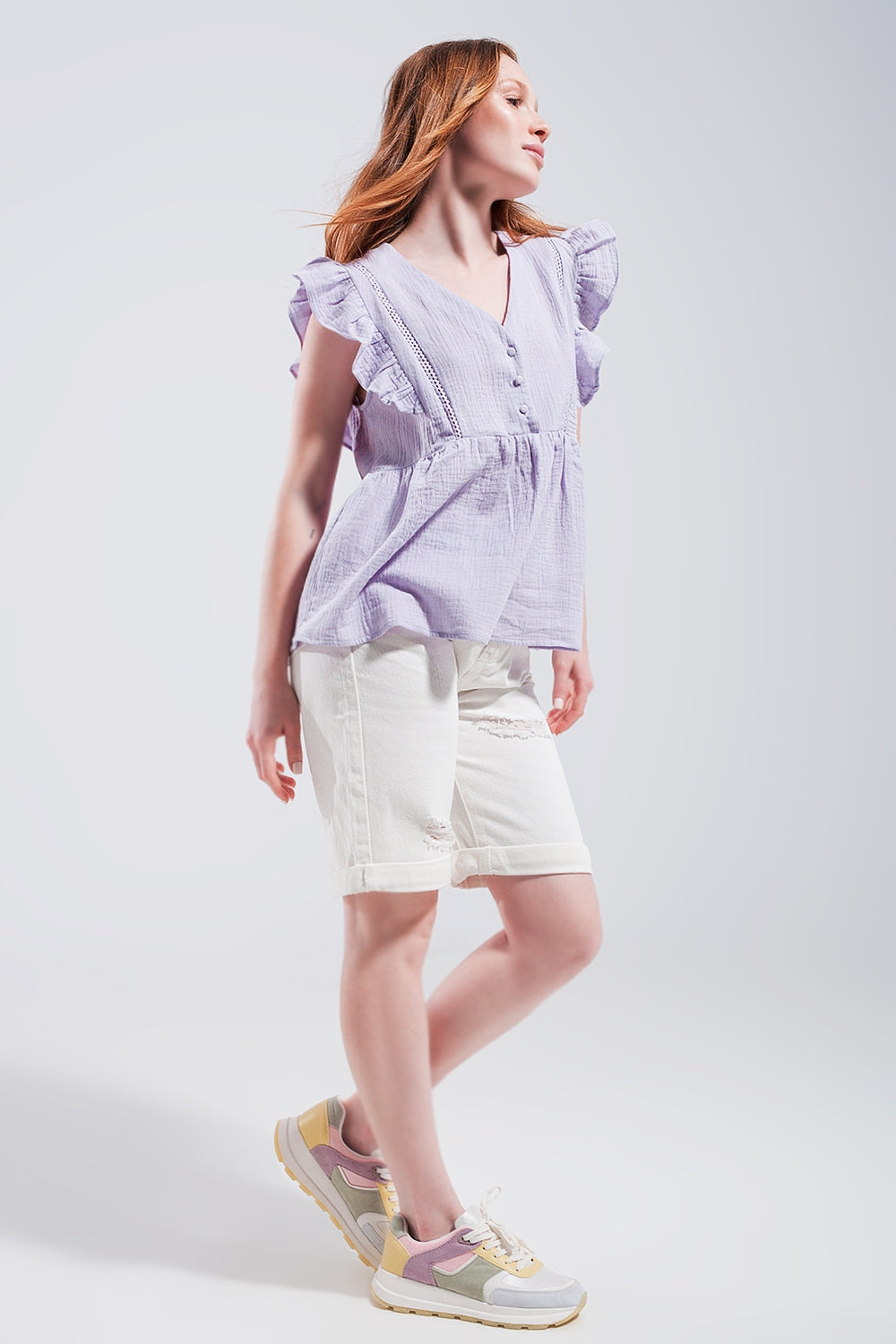 Cotton tank top with ruffle sleeves in lilac