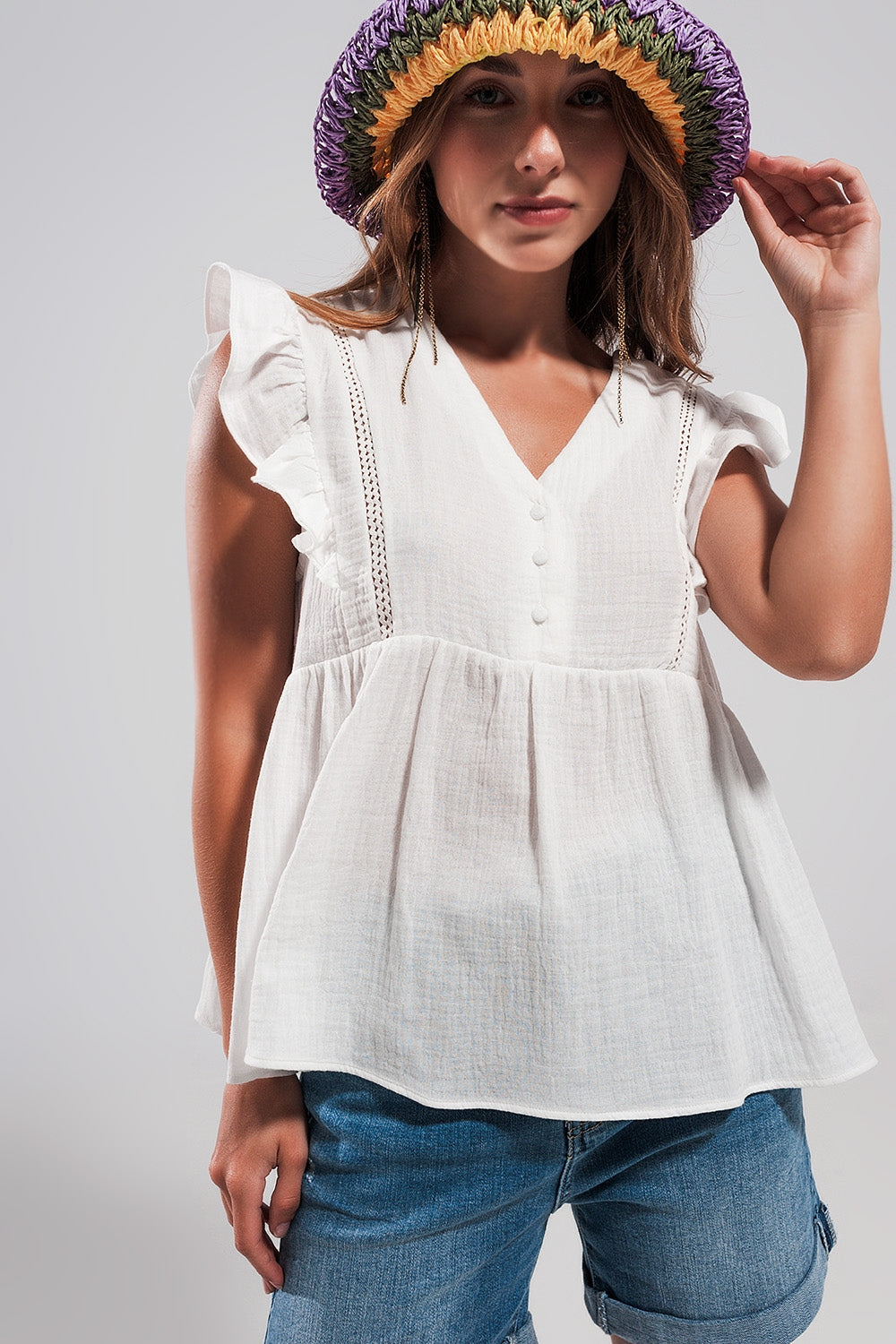 Cotton tank top with ruffle sleeves in white