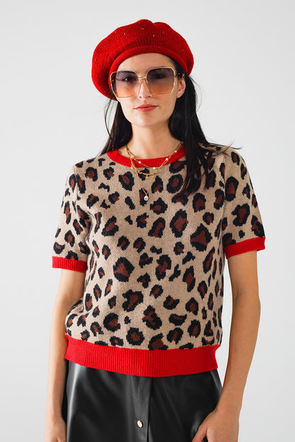 Q2 cozy panther print sweater shirt with red edges