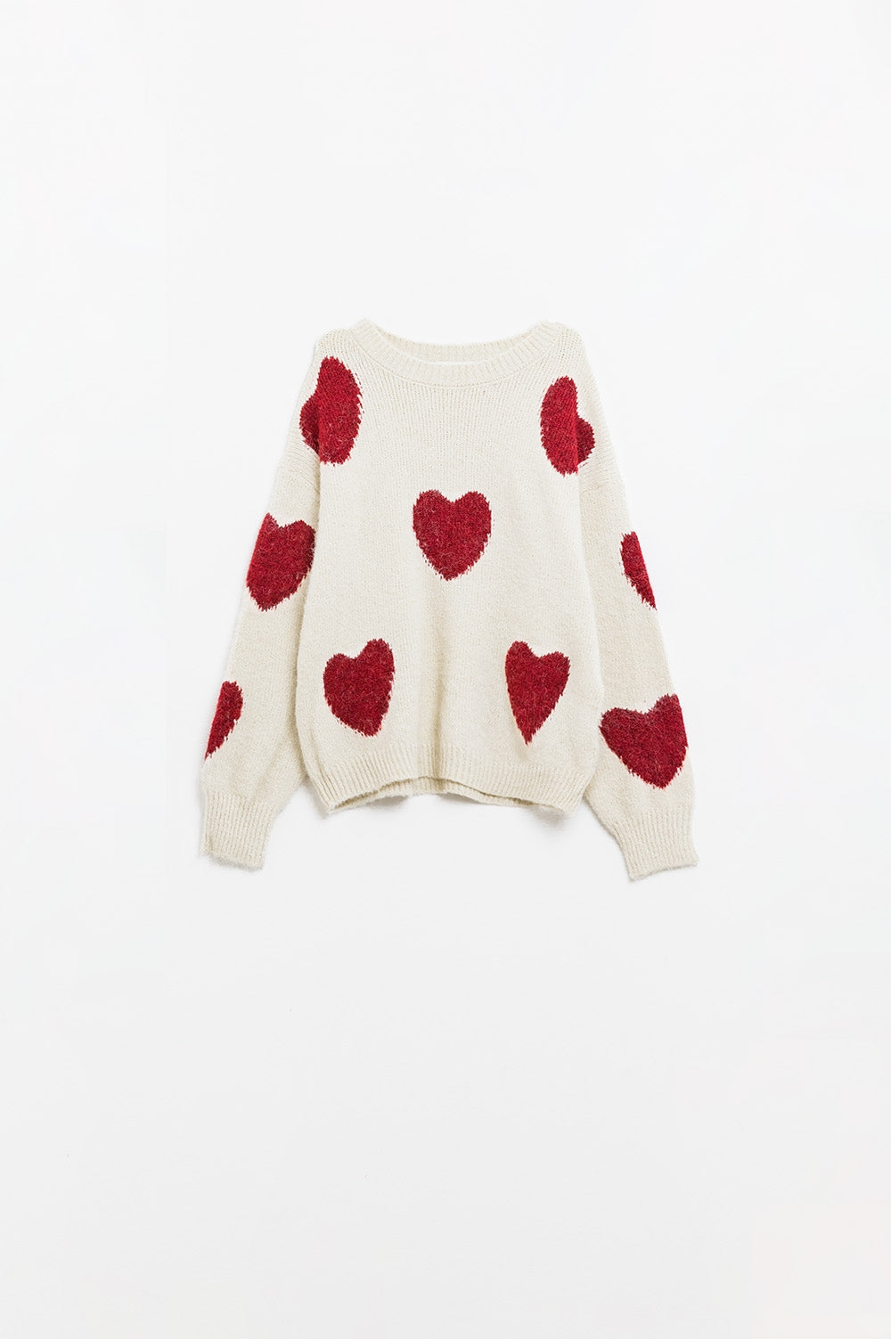 cozy white sweater with red hearts