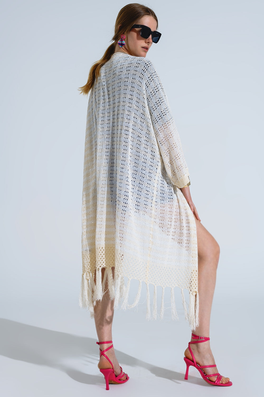 Q2 Cream Boho Style Cardigan With Stripes Pointelle Knit and Fringe Details