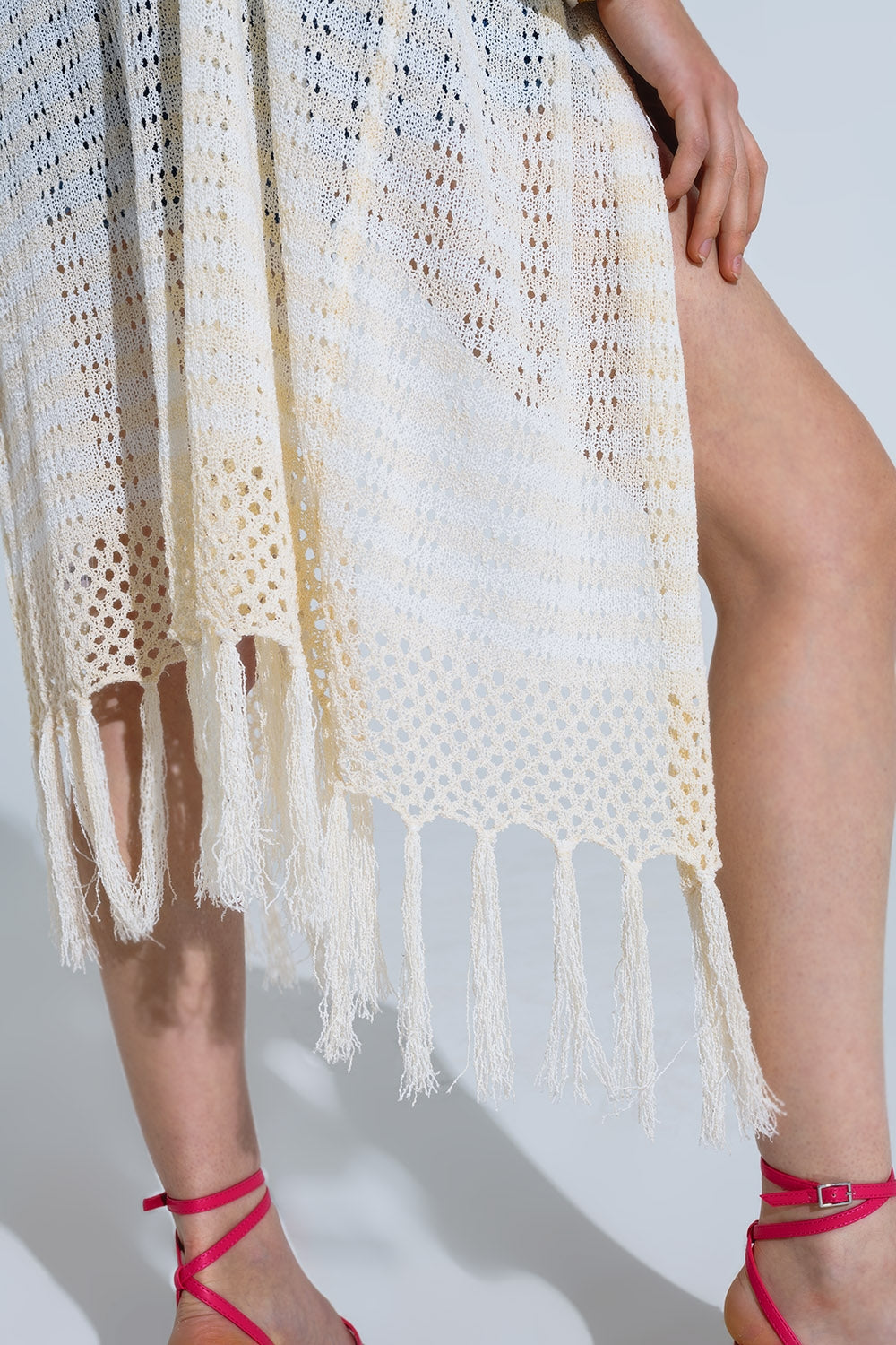 Cream Boho Style Cardigan With Stripes Pointelle Knit and Fringe Details