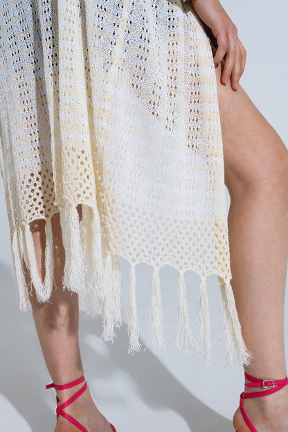 Cream Boho Style Cardigan With Stripes Pointelle Knit and Fringe Details