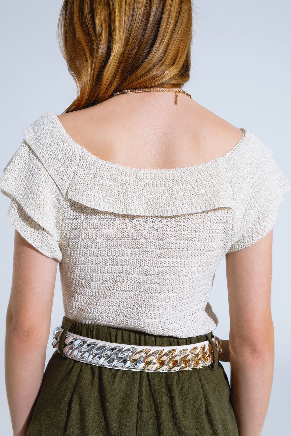 Cream Croched Short Sleeve Sweater With Boat Neck