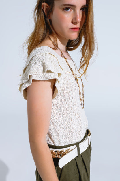 Cream Croched Short Sleeve Sweater With Boat Neck