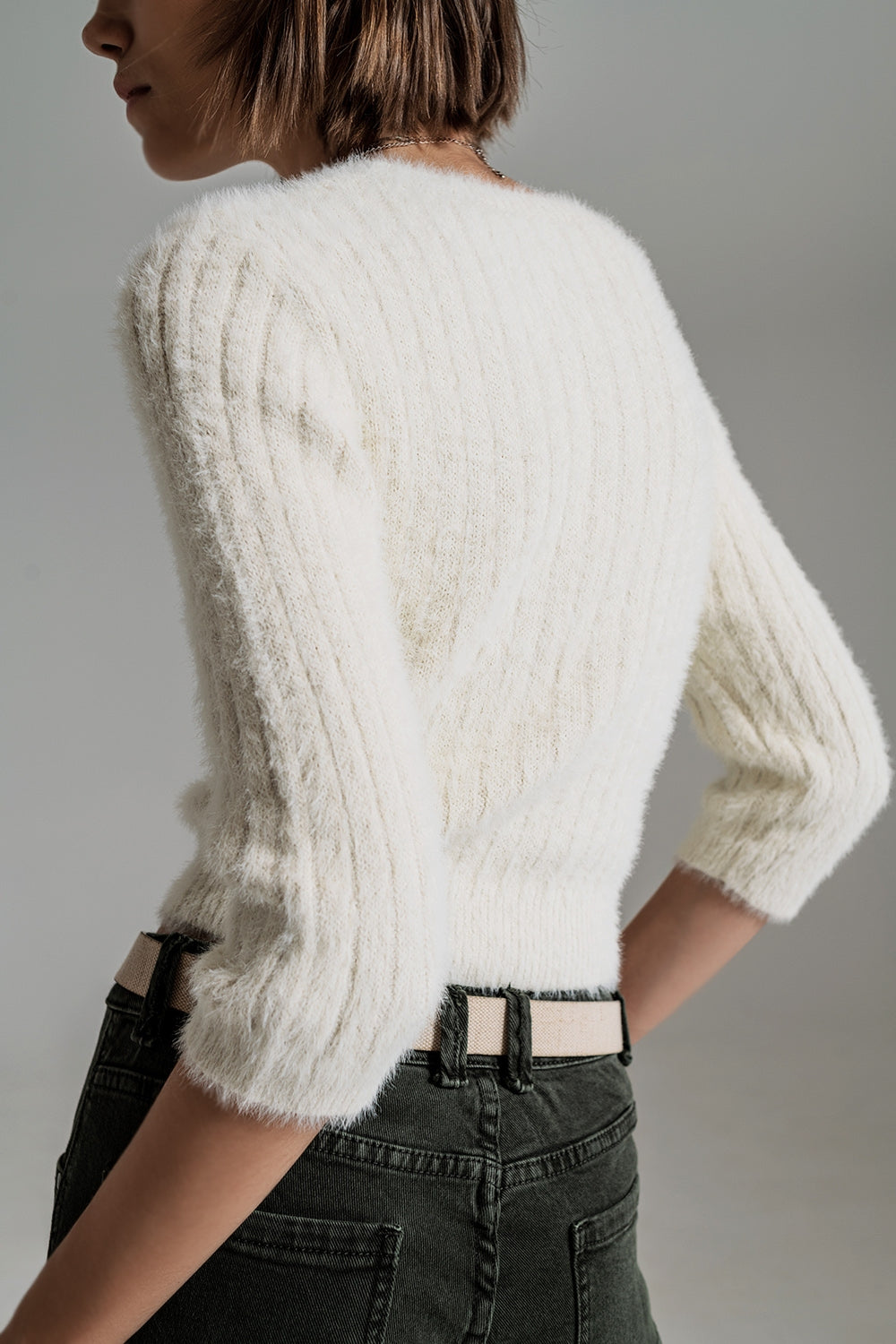 cream fluffy knit sweater with 3/4 sleeves