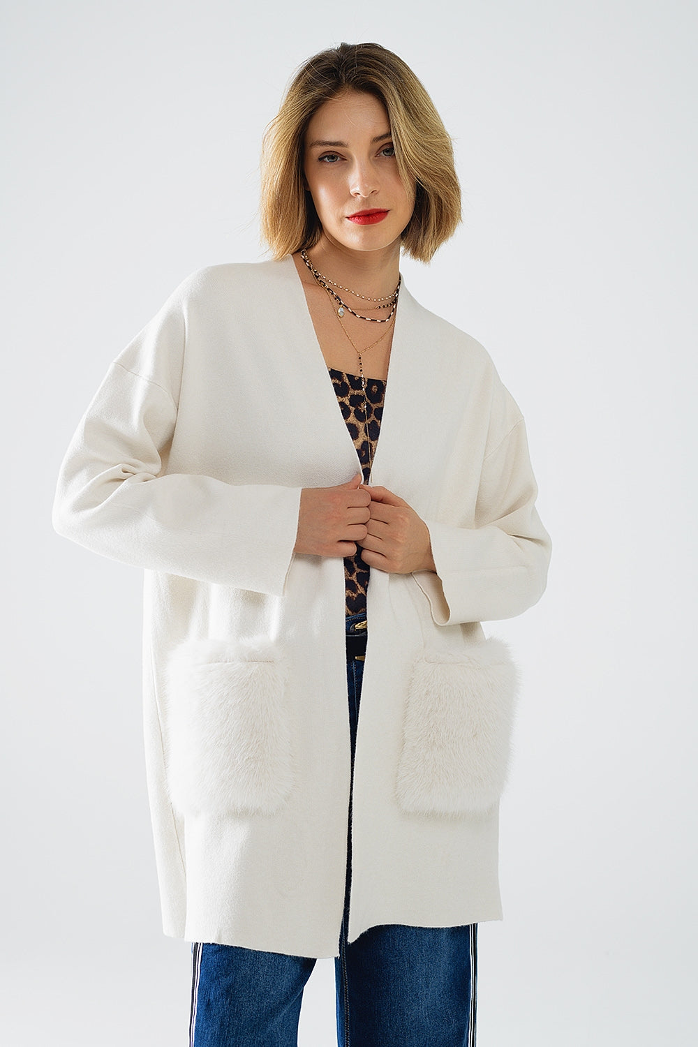 cream High quality knitted maxi cardigan with fur pockets