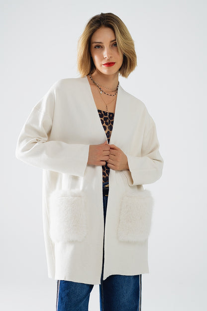 cream High quality knitted maxi cardigan with fur pockets