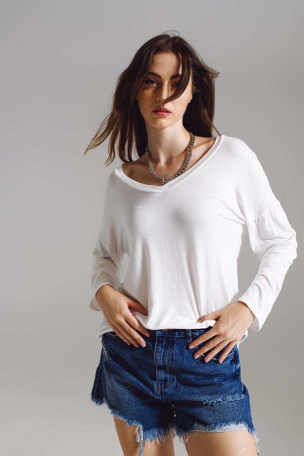 Cream long sleeve v neck top in modal