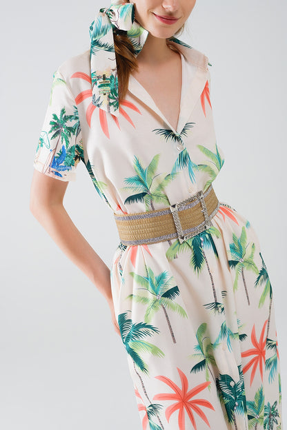 Cream Midi Dress with Beach Print and Polo Collar