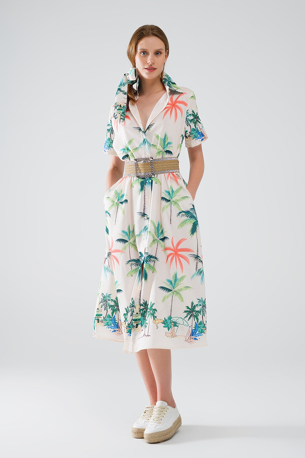 Q2 Cream Midi Dress with Beach Print and Polo Collar