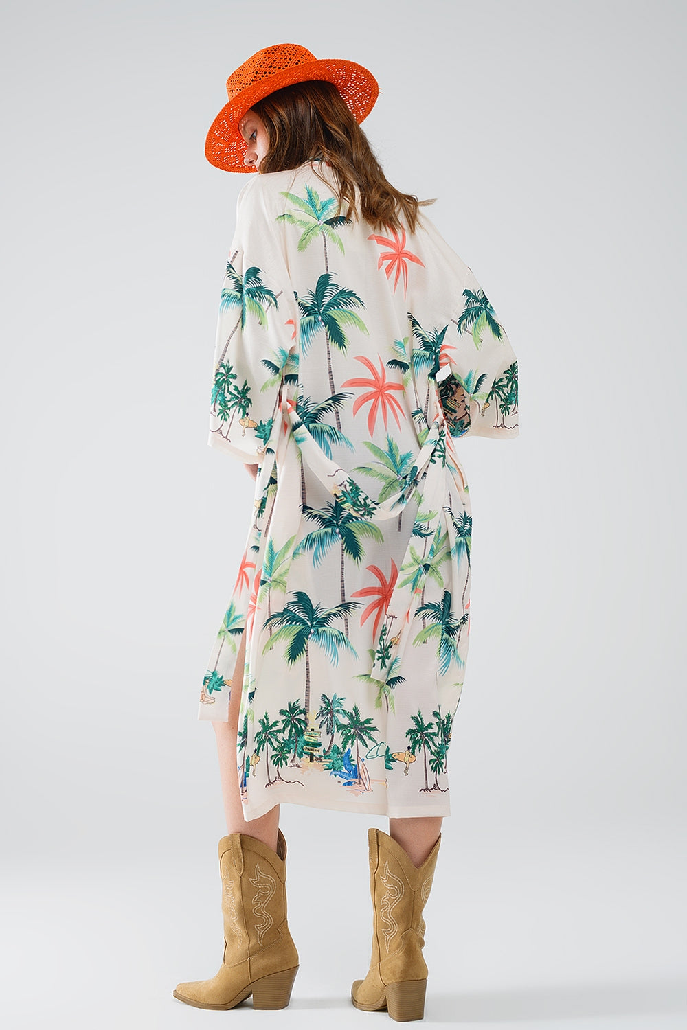 Cream Open Kimono with Beach Print in Midi Length