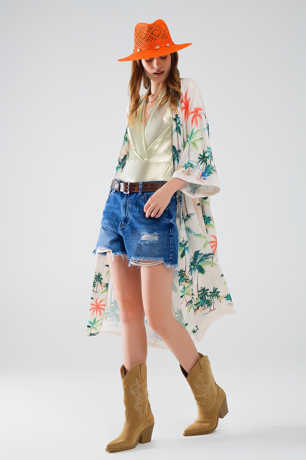 Cream Open Kimono with Beach Print in Midi Length