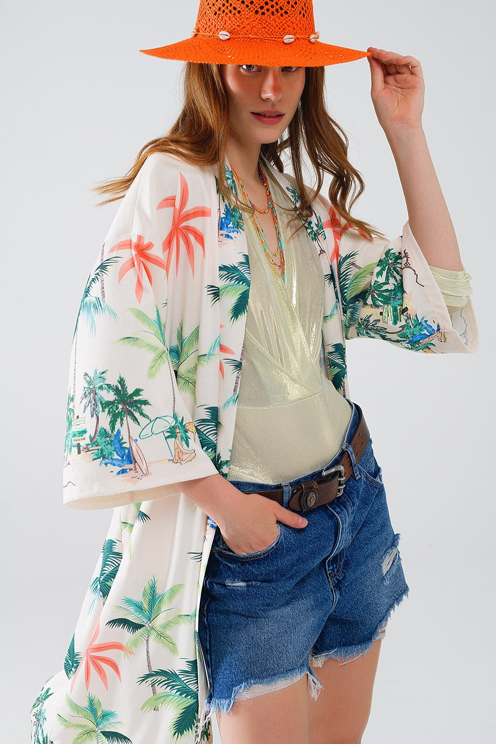 Cream Open Kimono with Beach Print in Midi Length