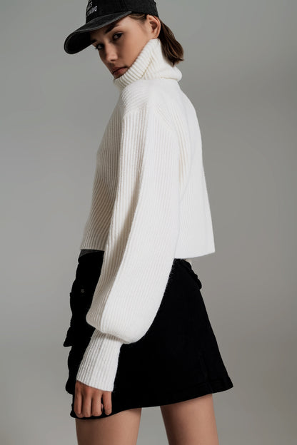 Cream ribbed knit turtleneck jumper with balloon sleeves