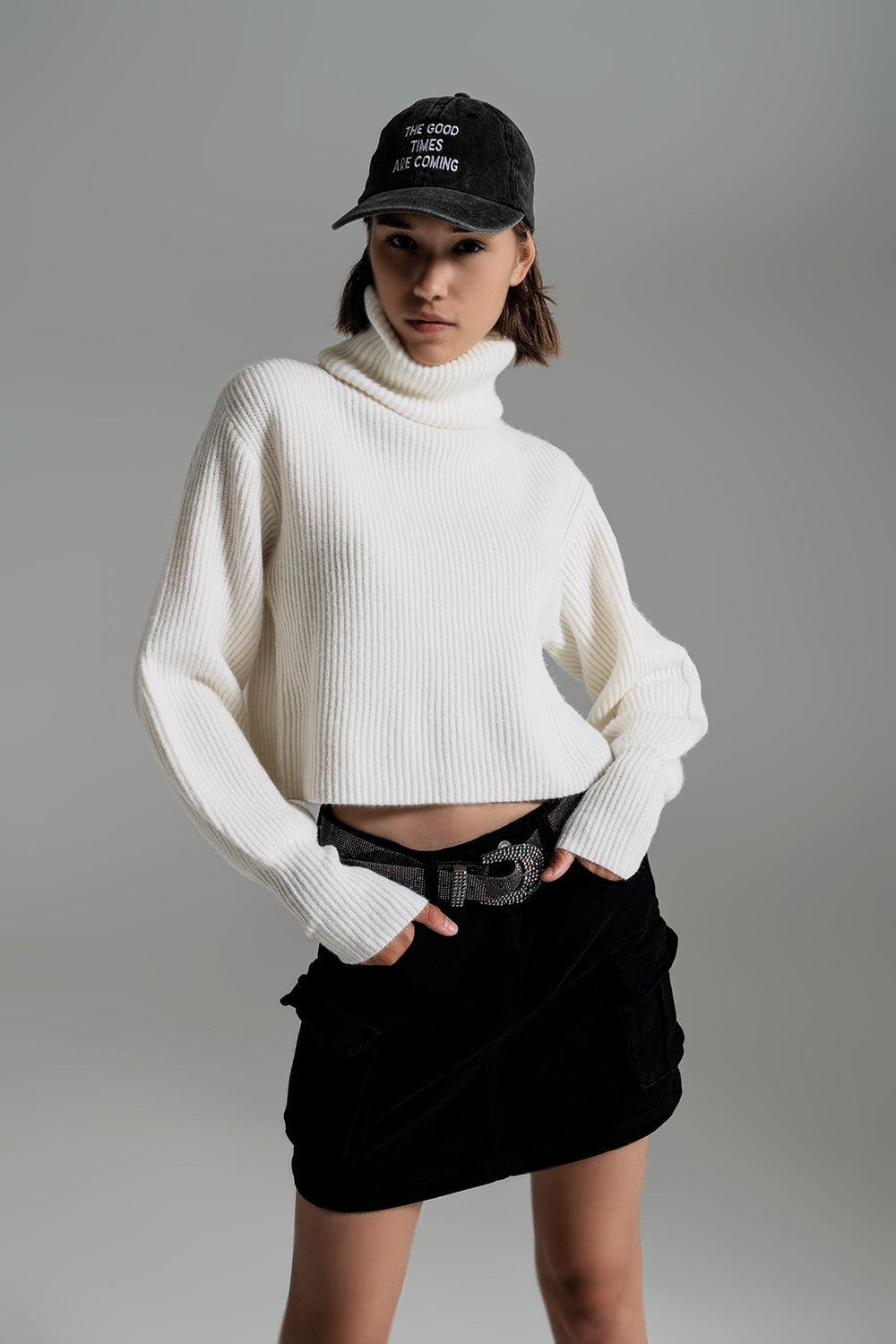 Cream ribbed knit turtleneck jumper with balloon sleeves