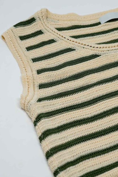 Cream sleeveless knit top with khaki stripes