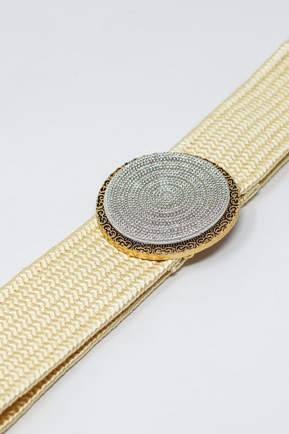 Cream woven belt with round buckle with rhinestones