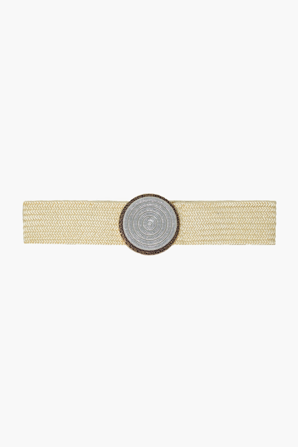 Cream woven belt with round buckle with rhinestones