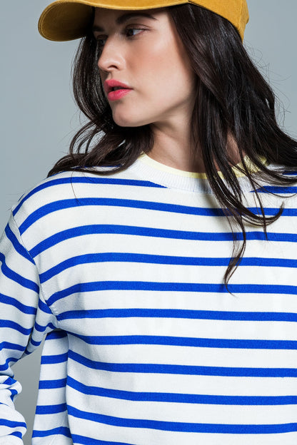 Crew Neck Basic Stripe Sweater in blue