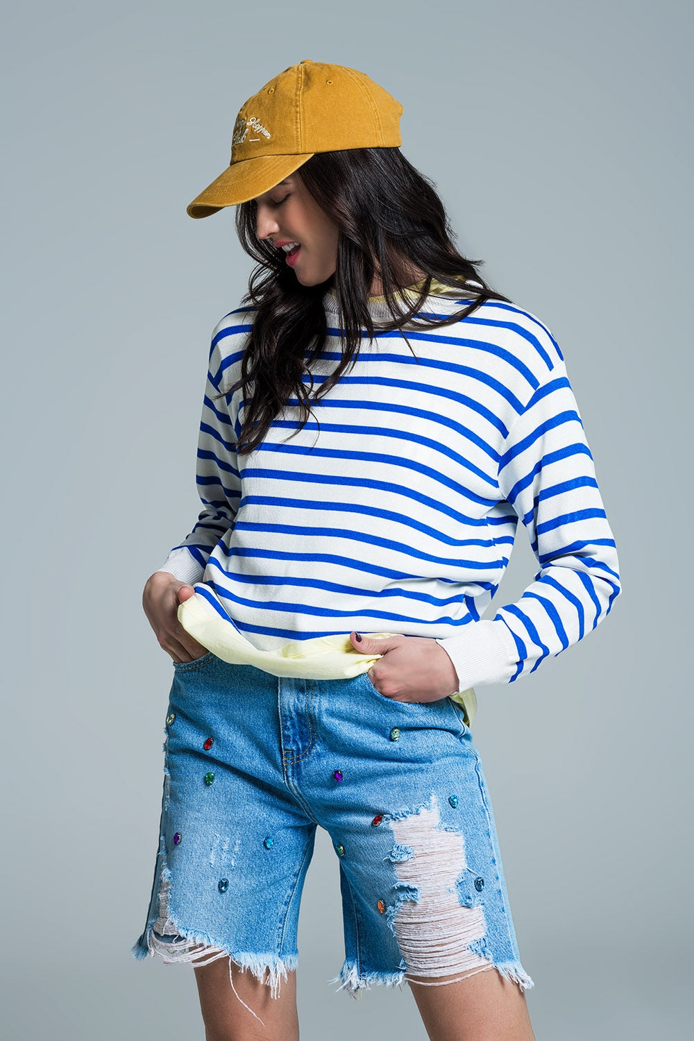 Crew Neck Basic Stripe Sweater in blue