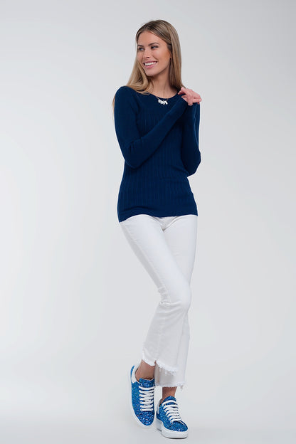 Crew neck ribbed sweater in navy