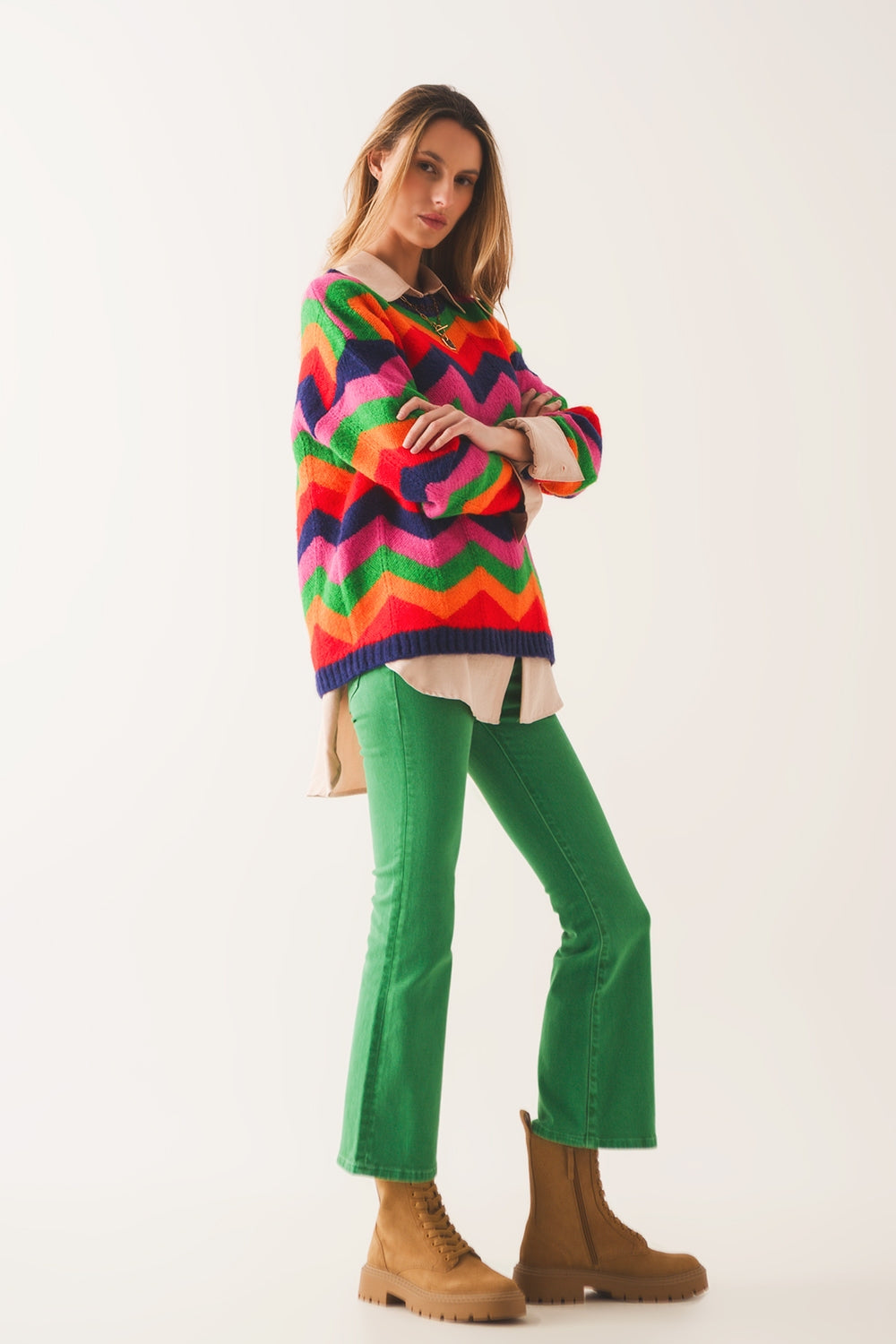 Crew neck striped knit sweater in multi