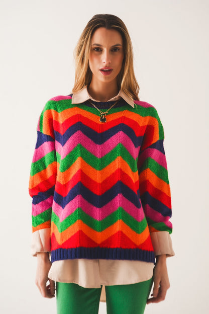 Crew neck striped knit sweater in multi