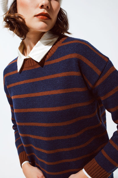 Crew Neck Stripy Sweater in Navy and Rust Orange