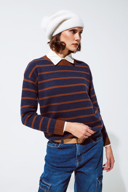 Crew Neck Stripy Sweater in Navy and Rust Orange