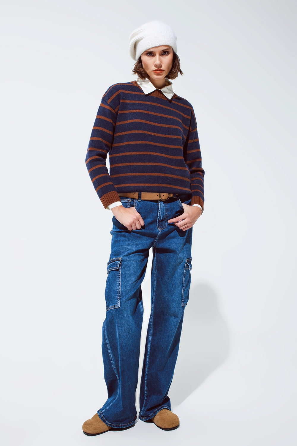 Crew Neck Stripy Sweater in Navy and Rust Orange