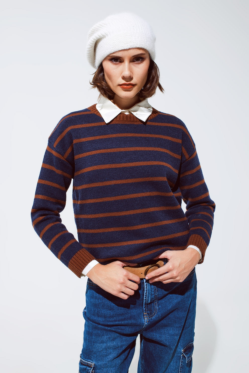 Q2 Crew Neck Stripy Sweater in Navy and Rust Orange