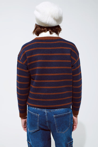 Crew Neck Stripy Sweater in Navy and Rust Orange