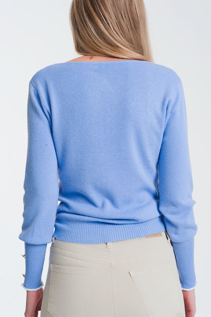 crew neck sweater with button detail in blue