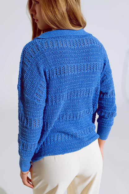 Crochet Knitted Jumper In V-neck With Polo Collar in Blue