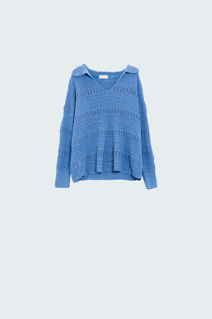 Crochet Knitted Jumper In V-neck With Polo Collar in Blue