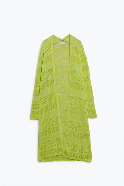 Q2 Crochet Maxi Cardigan In Lime With Long Sleeves