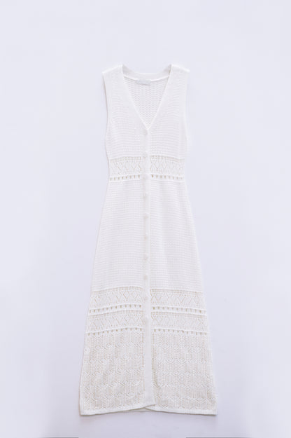 Crochet Maxi Vest With button closure in White