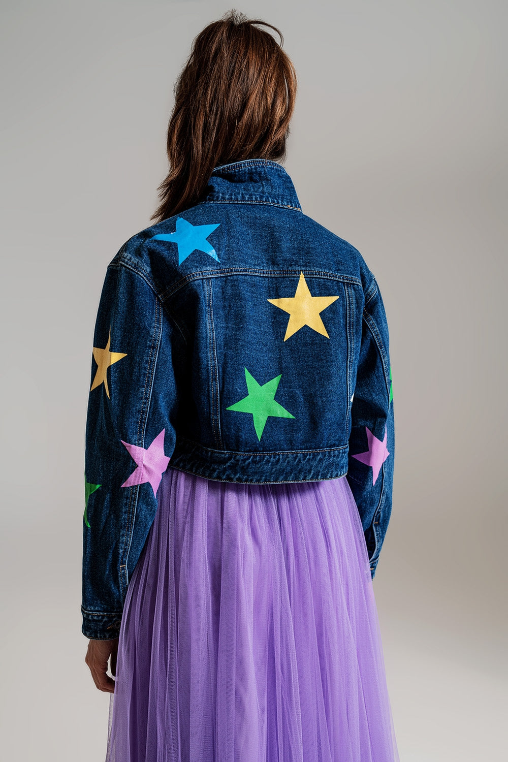 crop denim jacket with multicolored stars