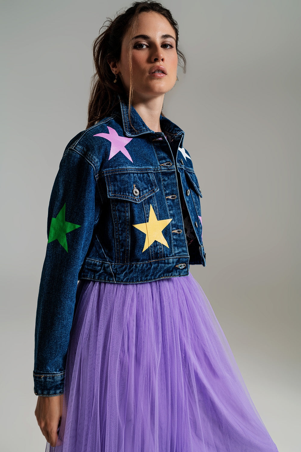 crop denim jacket with multicolored stars