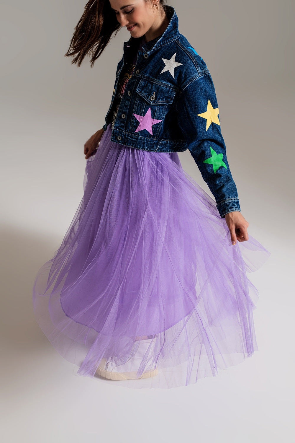 crop denim jacket with multicolored stars